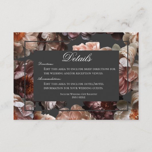 Boho Dark Peony Bloem Moderne Bruiloft Details Informatiekaartje (Voorkant)