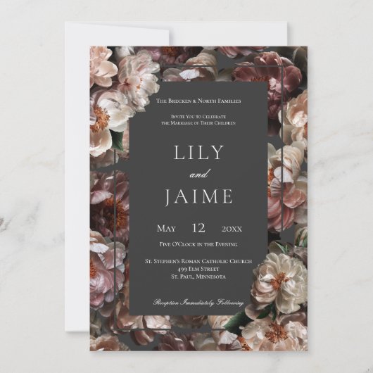 Boho Dark Peony Flowers Modern Wedding Invitation Kaart (Voorkant)