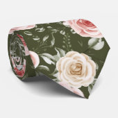 Boho Dark Sage Green Blush Cream Floral Stropdas (Opgerold)