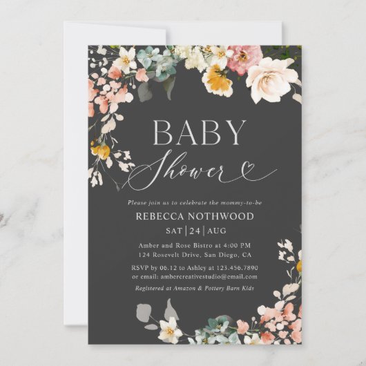 Boho Dark Waterverf Bloemen Baby shower Kaart (Voorkant)