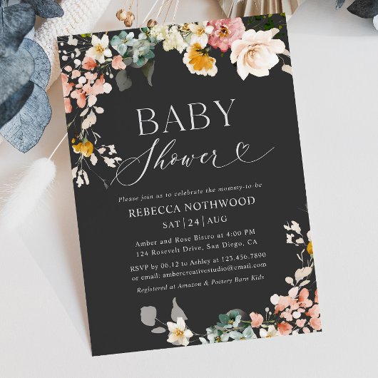 Boho Dark Waterverf Bloemen Baby shower Kaart