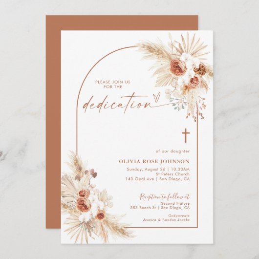 Boho Dedication Invite | Pampas Grass Boho Baptism Kaart (Voorkant / Achterkant)