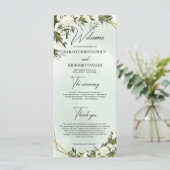 Boho deep green foliage white roses gold lijst programmakaart (Staand voorkant)