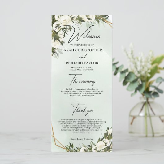 Boho deep green foliage white roses gold lijst programmakaart (Staand voorkant)