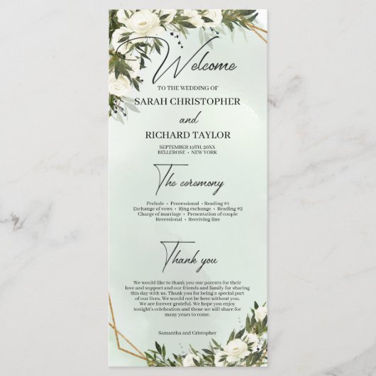 Boho deep green foliage white roses gold lijst programmakaart (Voorkant)
