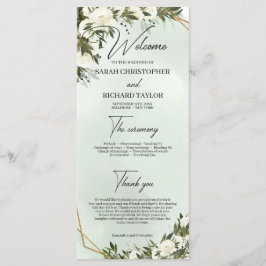 Boho deep green foliage white roses gold lijst programmakaart