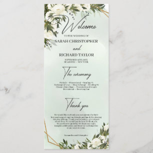 Boho deep green foliage white roses gold lijst programmakaart