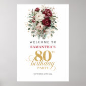 Boho Deep Red Bloem 80e Verjaardag Welkom Poster (Voorkant)