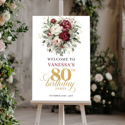 Boho Deep Red Bloem 80e Verjaardag Welkom Poster
