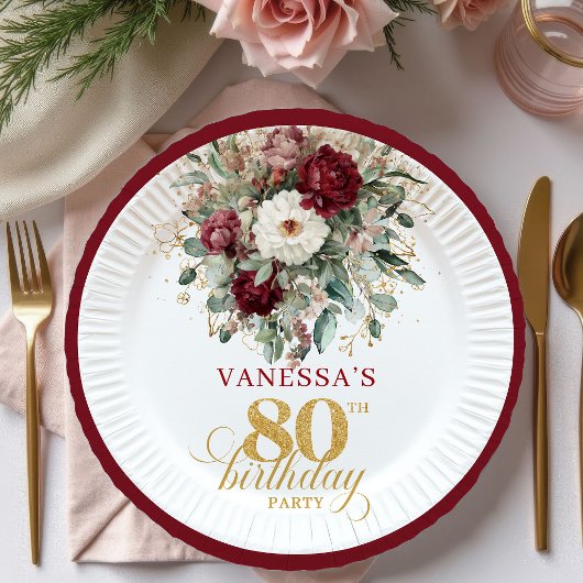 Boho Deep Red Bloemen 80e Verjaardag Papieren Bord