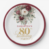 Boho Deep Red Bloemen 80e Verjaardag Papieren Bord (Voorkant)