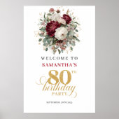 Boho Deep Red Bloemen 80e Verjaardag Welkom Poster (Voorkant)