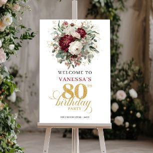 Boho Deep Red Bloemen 80e Verjaardag Welkom Poster