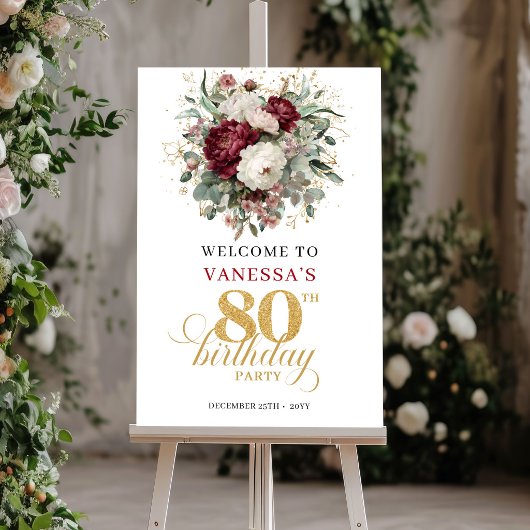 Boho Deep Red Bloemen 80e Verjaardag Welkom Poster