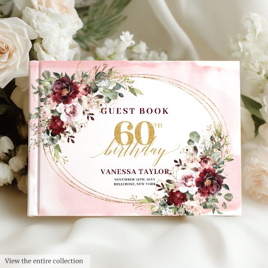Boho Deep Red Gold Floral 60th Birthday Guest Book Gastenboek