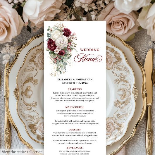 Boho deep red white gold floral wedding menu card