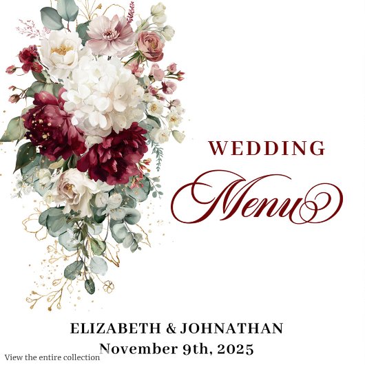 Boho deep red white gold floral wedding menu card