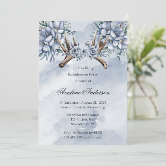 Boho Deer Antler Blauw Bloemen Bachelorette Party Kaart (Staand voorkant)