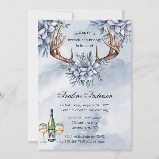 Boho Deer Antler Blauw Bloemen Brunch & Bubbly Kaart (Voorkant)