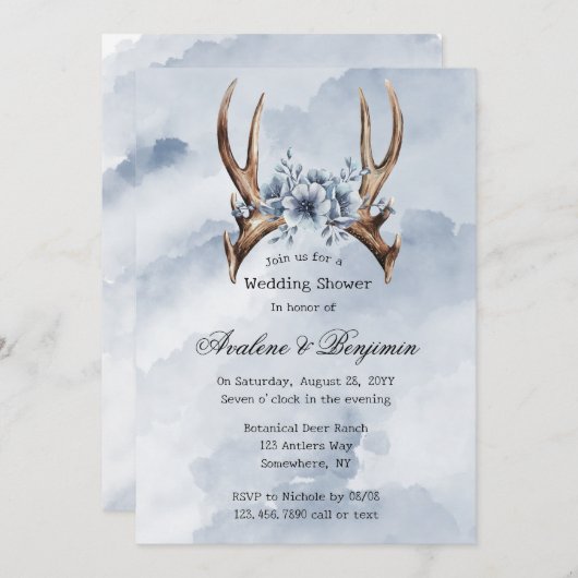 Boho Deer Antler Blauw Bloemen Trouwpaar Douche Kaart (Voorkant / Achterkant)