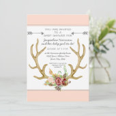 BOHO Deer Antler Blush Bloemen Baby Meisje Douche Kaart (Staand voorkant)