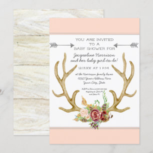 BOHO Deer Antler Blush Floral Baby Girl Shower Kaart