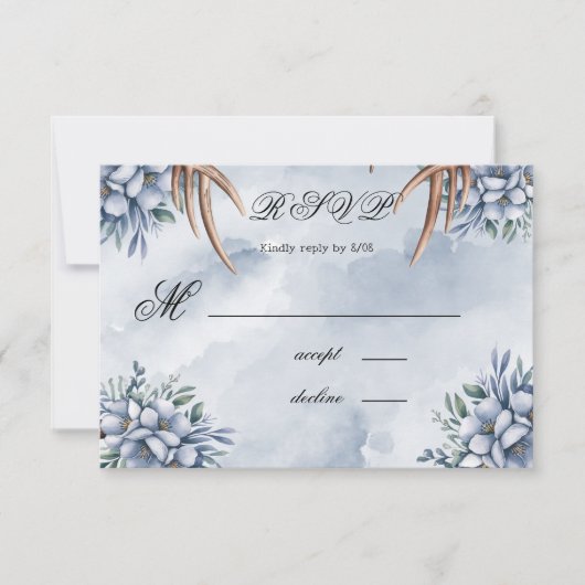 Boho Deer Antler Dusty Blue Floral RSVP Kaartje (Voorkant)