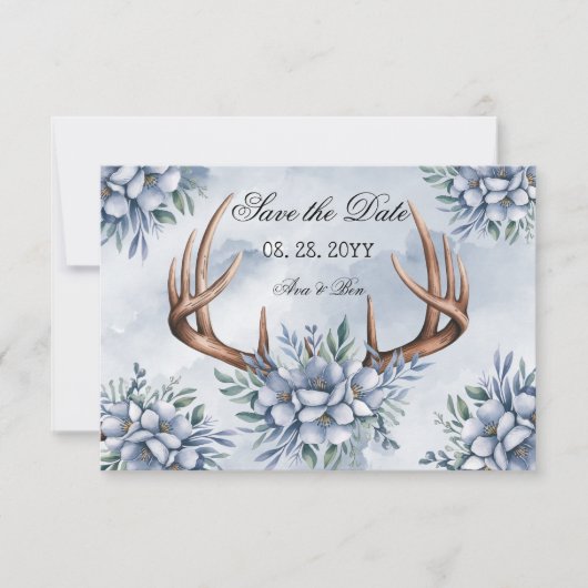 Boho Deer Antler Dusty Blue Floral Save The Date (Voorkant)