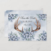 Boho Deer Antler Dusty Blue Floral Save The Date (Voorkant / Achterkant)