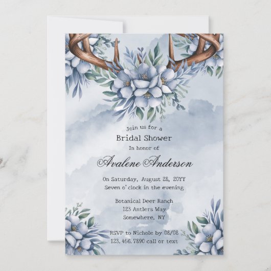 Boho Deer Antler Dusty Blue Floral Vrijgezellenfee Kaart (Voorkant)