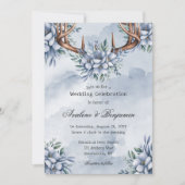 Boho Deer Antler Dusty Blue Floral Wedding Kaart (Voorkant)