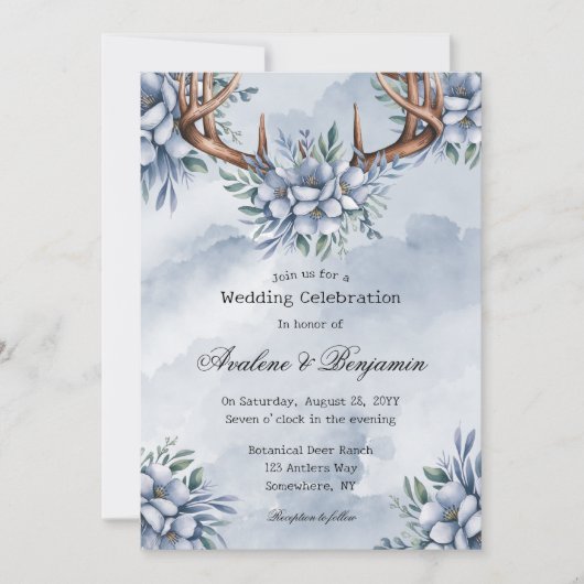 Boho Deer Antler Dusty Blue Floral Wedding Kaart (Voorkant)