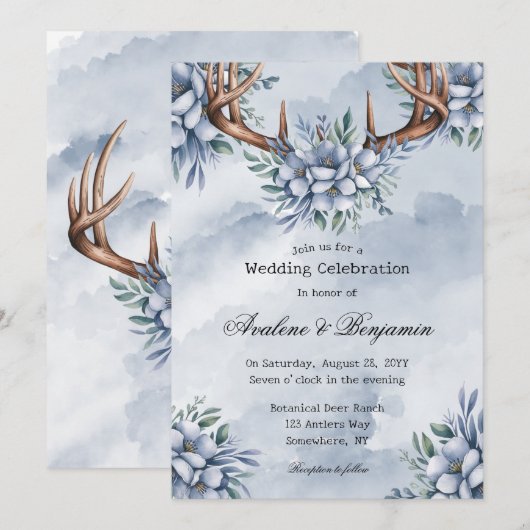 Boho Deer Antler Dusty Blue Floral Wedding Kaart (Voorkant / Achterkant)