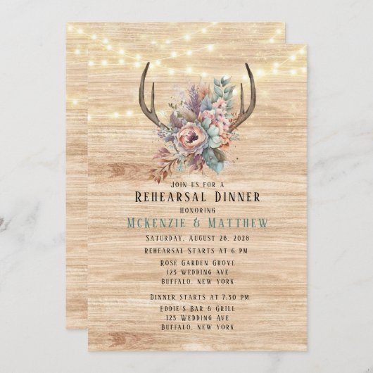 Boho Deer Antler Floral Rehearsal Dinner Kaart (Voorkant / Achterkant)