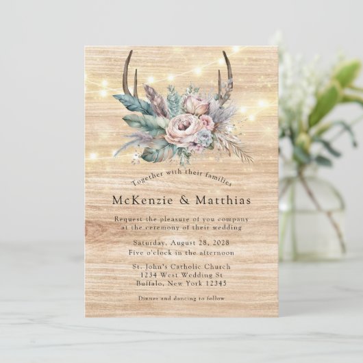 Boho Deer Antler Floral Wedding Kaart (Staand voorkant)