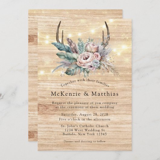 Boho Deer Antler Floral Wedding Kaart (Voorkant / Achterkant)