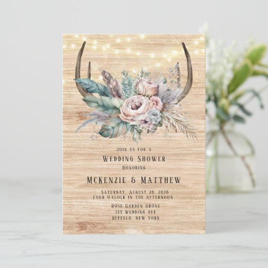 Boho Deer Antler Floral Wedding Shower Kaart (Staand voorkant)