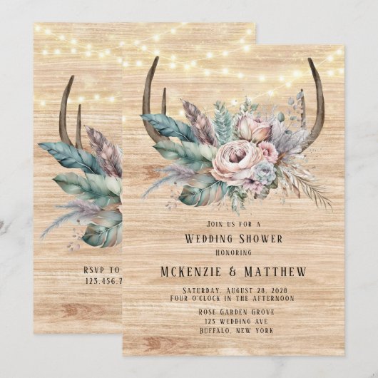 Boho Deer Antler Floral Wedding Shower Kaart (Voorkant / Achterkant)