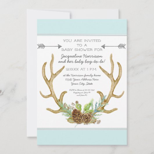 BOHO Deer Antler Pine Cones Ferns Baby Boy Shower Kaart (Voorkant)