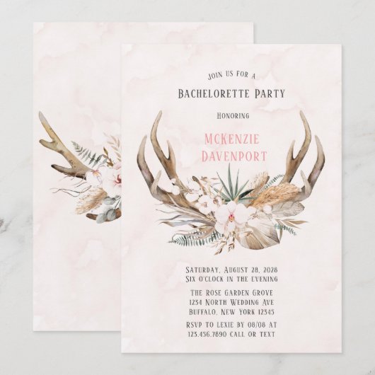 Boho Deer Antlers en Florals Bachelorette Party Kaart (Voorkant / Achterkant)