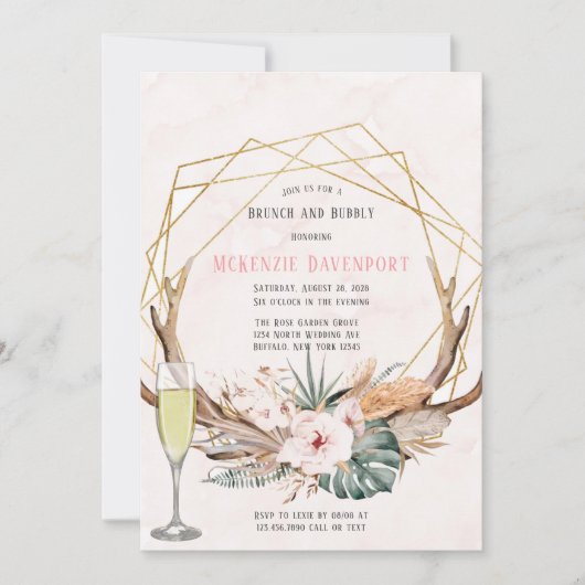 Boho Deer Antlers en Florals Brunch en Bubble Kaart (Voorkant)