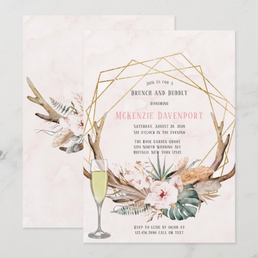 Boho Deer Antlers en Florals Brunch en Bubble Kaart (Voorkant / Achterkant)