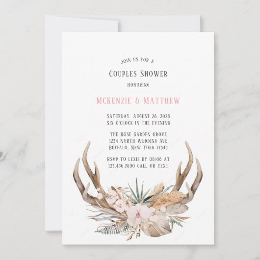 Boho Deer Antlers en Florals Couples Shower Kaart (Voorkant)