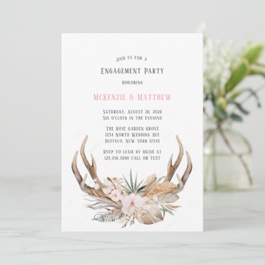 Boho Deer Antlers en Florals Engagement Party Kaart (Staand voorkant)