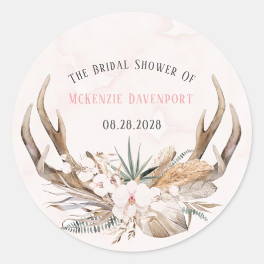 Boho Deer Antlers en Florals Vrijgezellenfeest Ronde Sticker (Voorkant)
