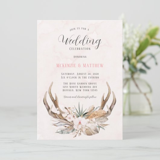 Boho Deer Antlers en Florals Wedding Invitation Kaart (Staand voorkant)