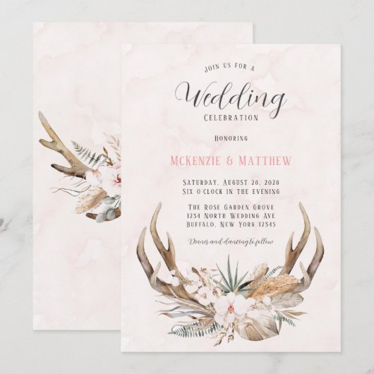 Boho Deer Antlers en Florals Wedding Invitation Kaart (Voorkant / Achterkant)