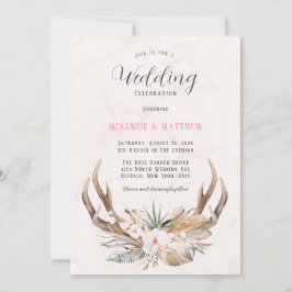 Boho Deer Antlers en Florals Wedding Invitation Kaart