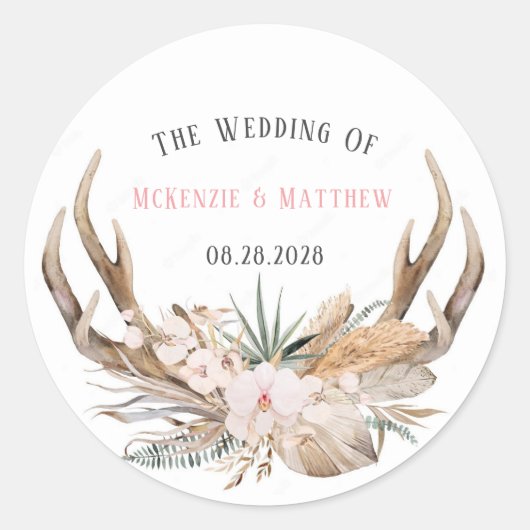 Boho Deer Antlers en Florals Wedding Ronde Sticker (Voorkant)
