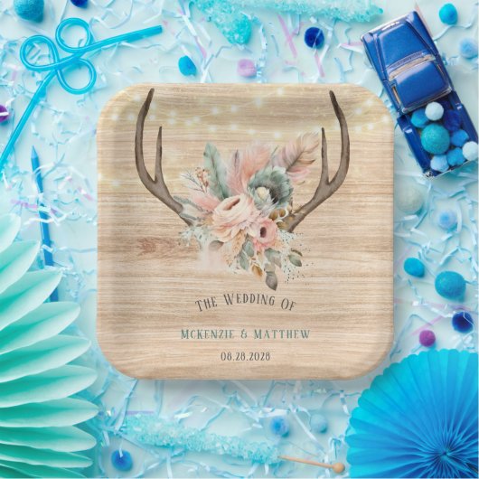 Boho Deer Antlers en Florals Wood Wedding Papieren Bordje (Feest)